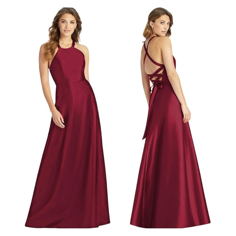 ALFRED SUNG Halter Lace-Up Back Satin Twill Gown In Burgundy